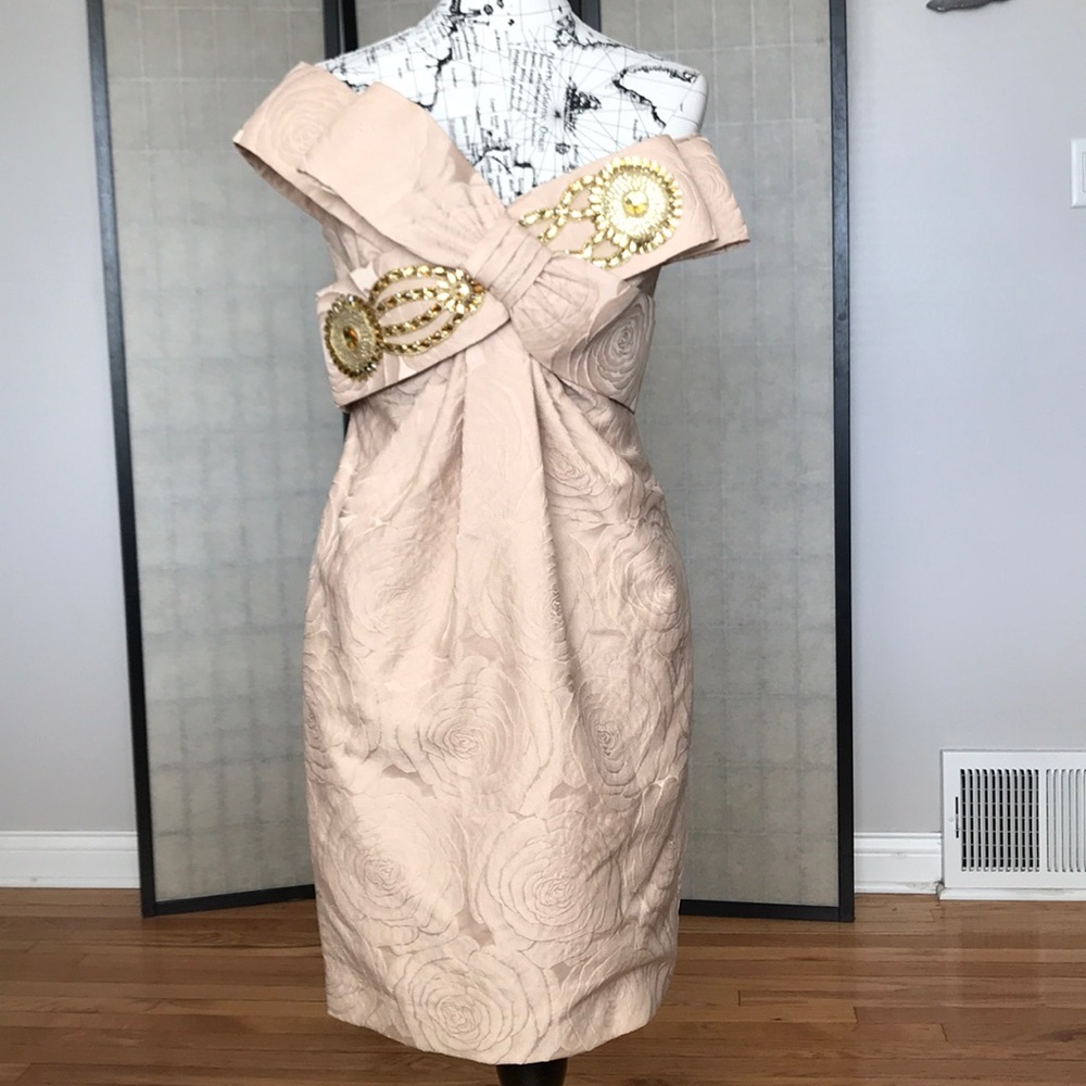 👹NWOT Marchesa Notte Brocade Floral Jacquard Off shoulder Coastal Coquette bow 6